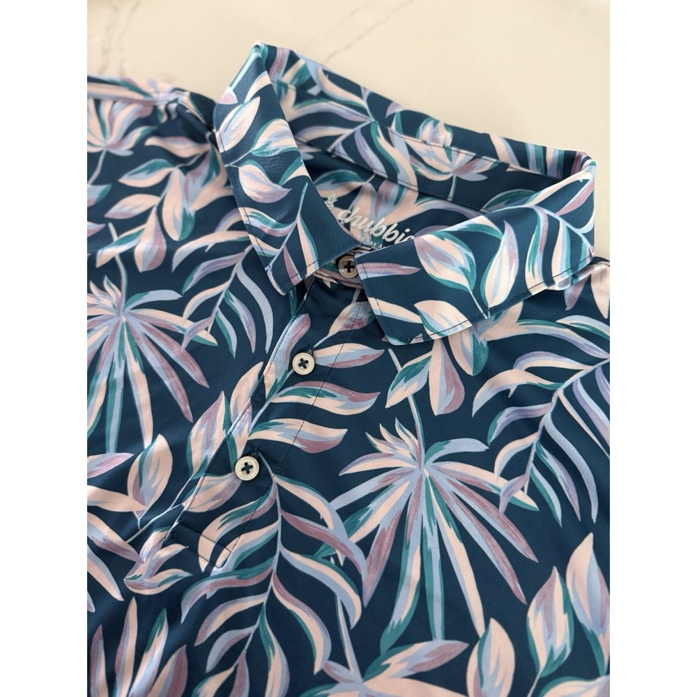 Chubbies Men's XL Blue Pink Tropical Leaf Stretch Short Sleeve Polo Golf EUC